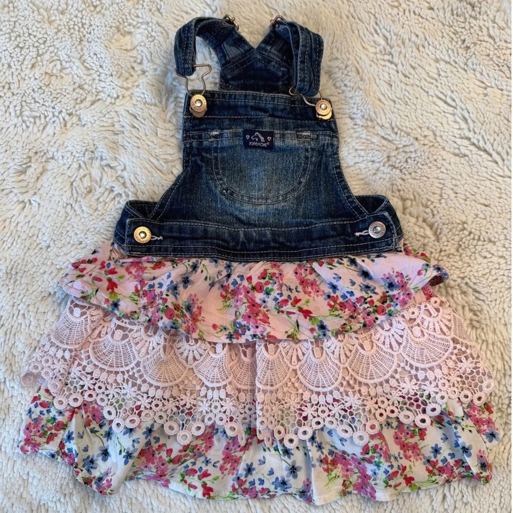 Jordache Girls Denim Floral Lace Ruffle Overall Dress 2T Dark Wash